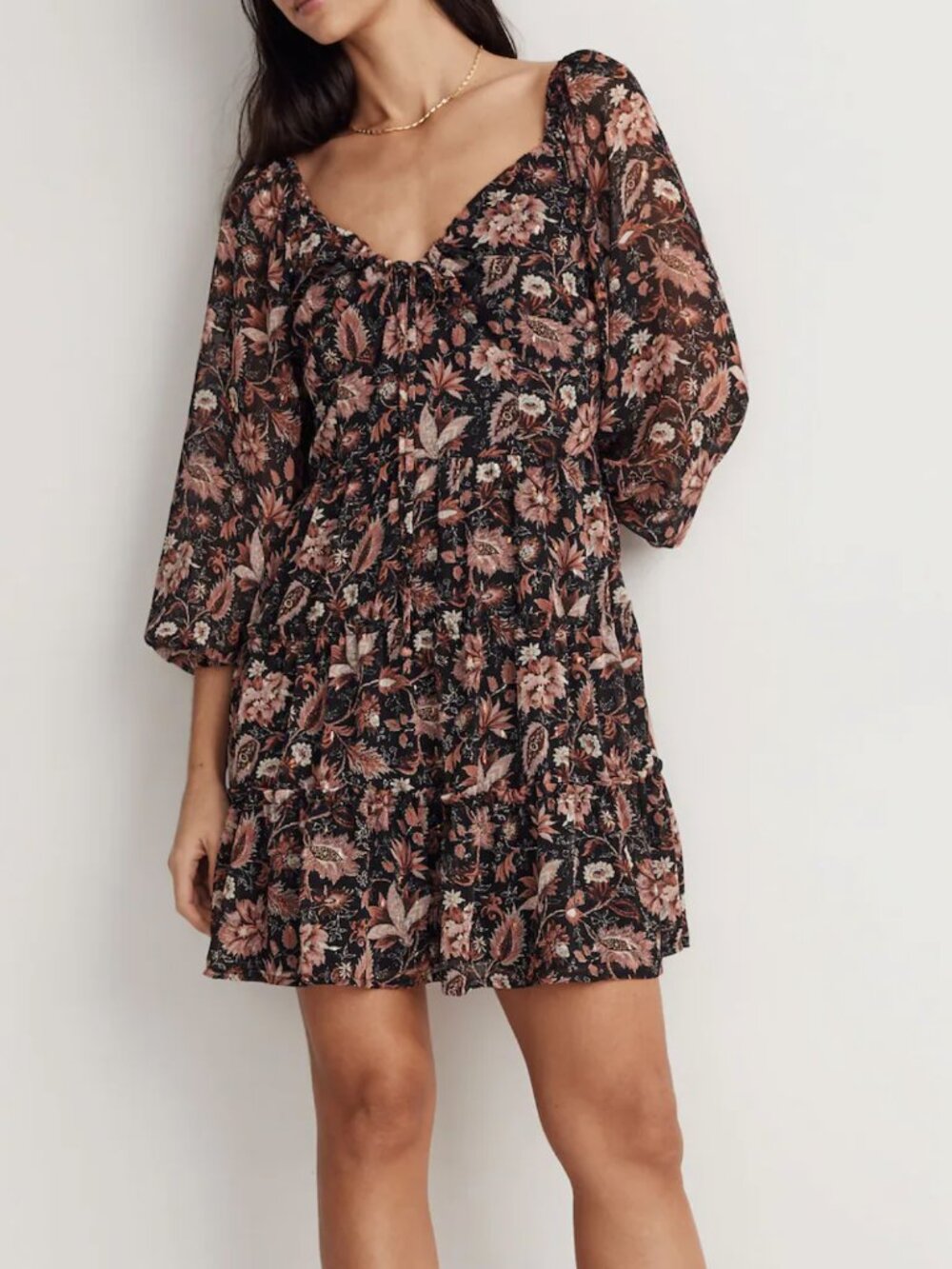 Madewell Amalia Tiered Mini Dress 0 Black Floral Sweetheart Mini Fall Metallic